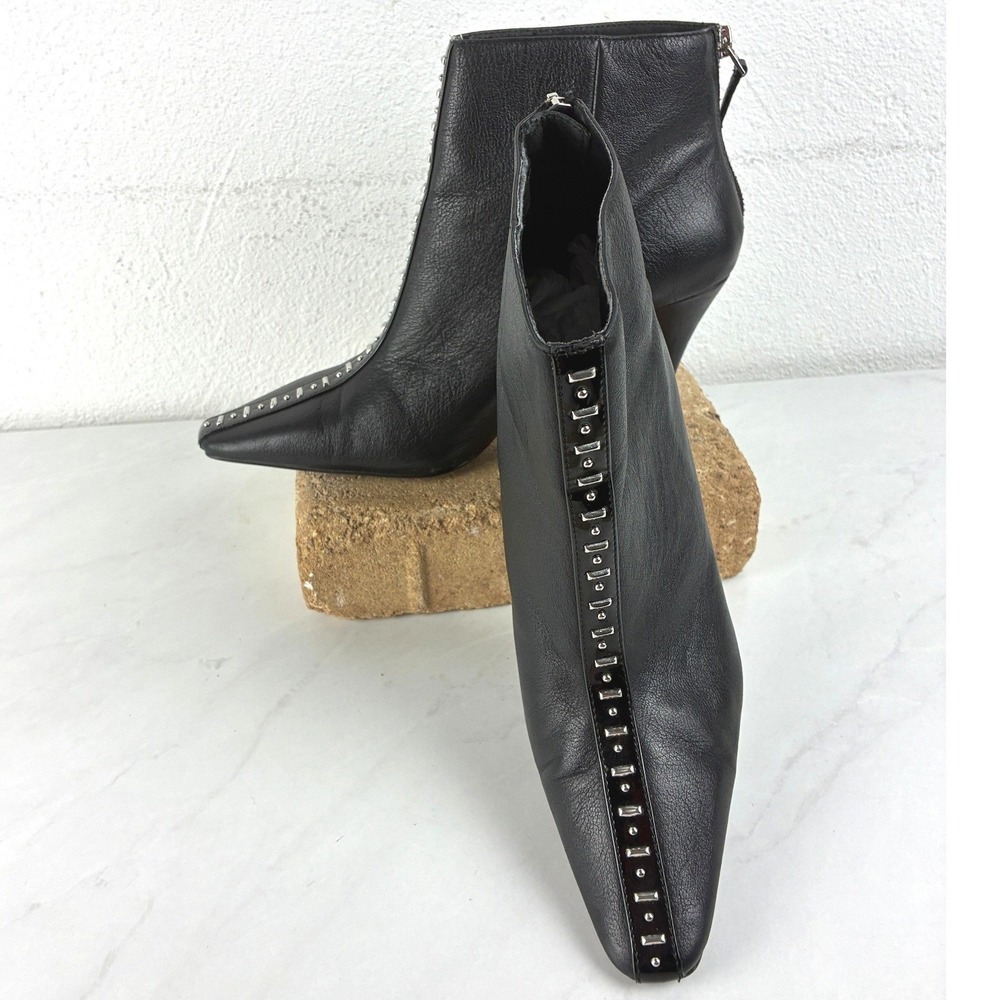 Zara Black Leather Studded Ankle Boots Size 40 Pointed Toe Kitten Heel Edgy Chic